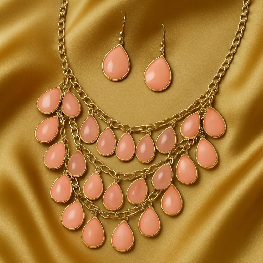 Peach Teardrop Bib Necklace & Earring Set – Gold-Tone Statement Women's Jewelry